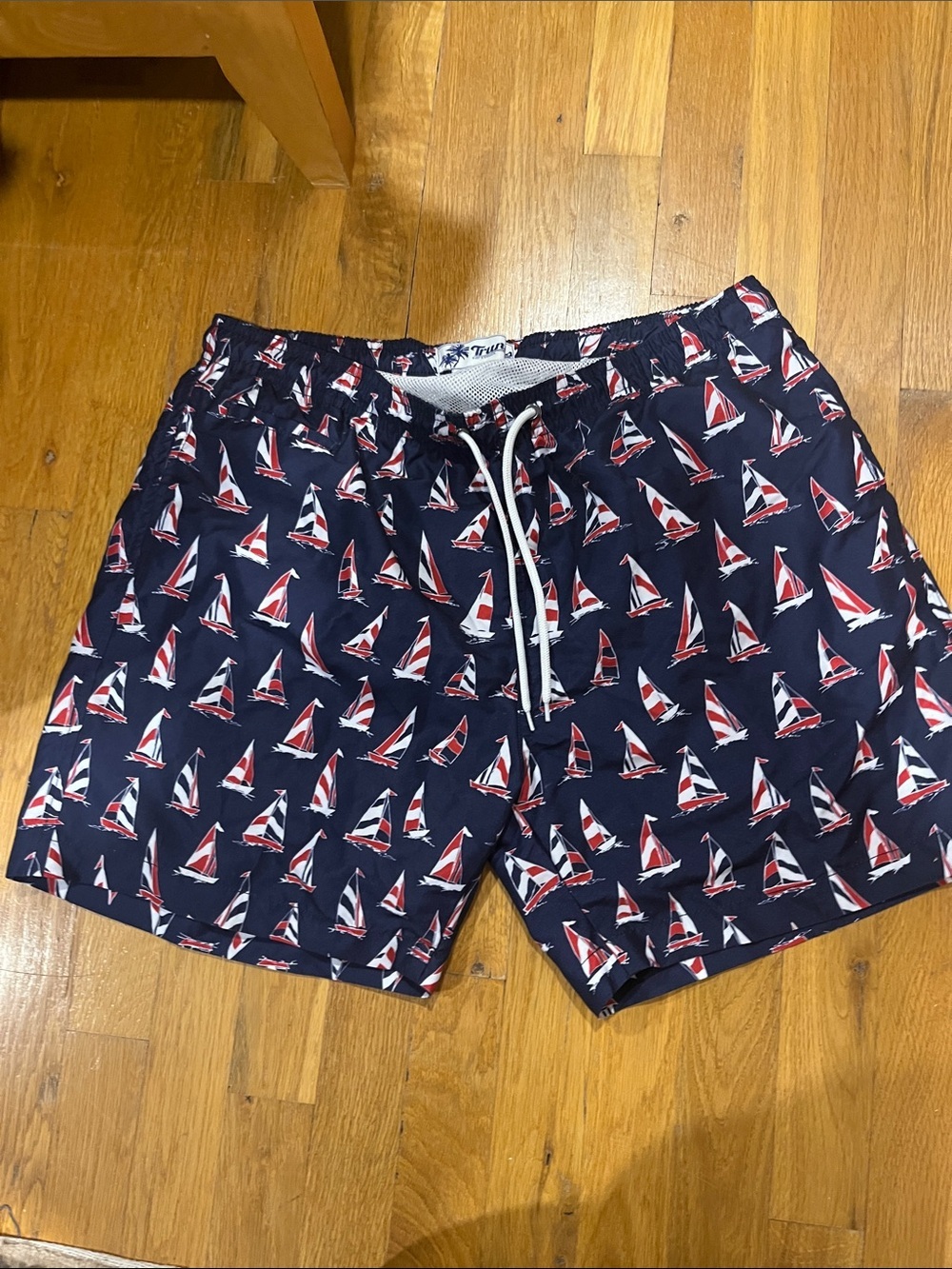 Men's Navy Sailboat Swim Trunks with Drawstring Waist